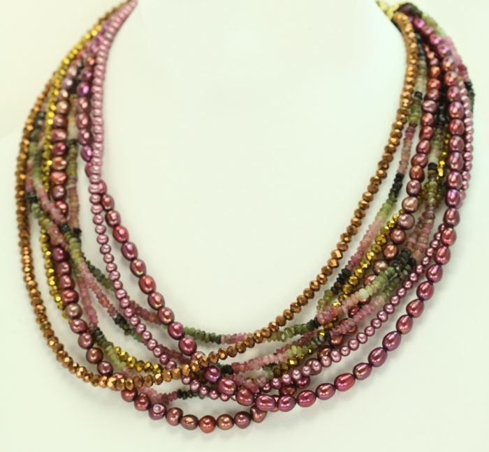 Multi-Strand Tourmaline & Fresh Water Pearl Necklace