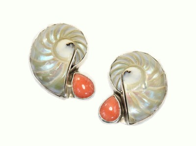 Nautilus Shell Clip Earrings with Coral