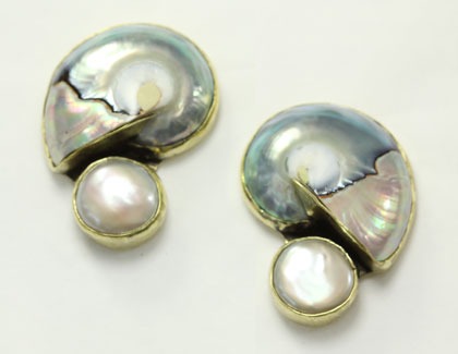 Large Nautilus Shell Post Earrings with White Pearl