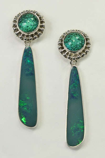 Opal & Dichroic Glass Post Dangle Earrings