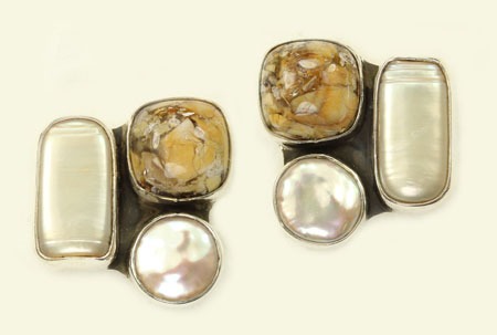 Pearl & Brecciated Mookite Cluster Earrings