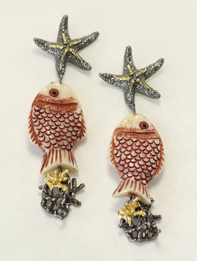 Scrimshaw Fish Post Dangle Earrings