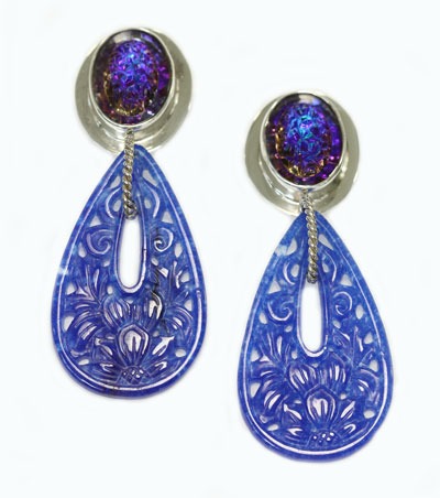 Vintage Glass & Carved Blue Quartz Clip Earrings