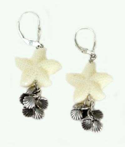 White Coral Starfish Lever Back Dangle Earrings
