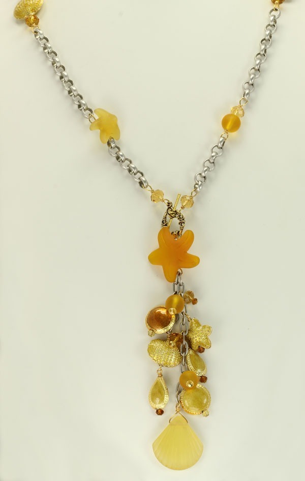 Yellow Sea Glass & Gold Enamel Stretch Bracelet
