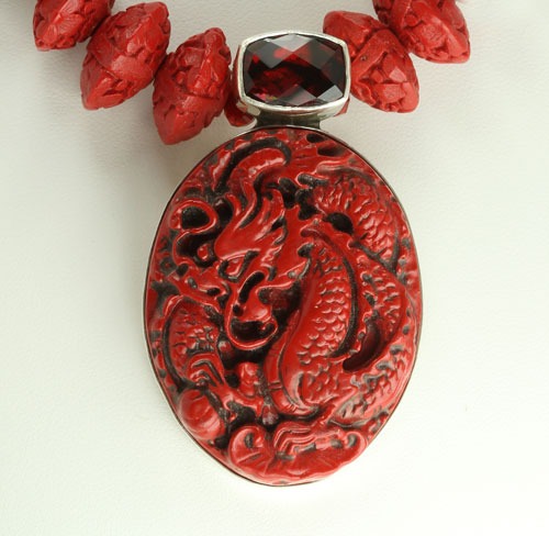 Carved Cinnabar & Black Onyx Dragon Necklace
