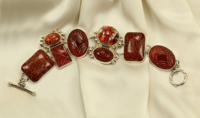 Carved Mexican Fire Agate & Vintage Foil Glass Bracelet