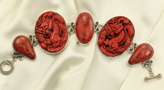 Cinnabar & Apple Coral Double Dragon Bracelet
