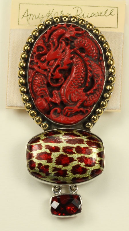 Cinnabar & Enameled Agate Dragon  Pin-Pendant--MATCHING BRACELET, NECKLACE, & EARRINGS