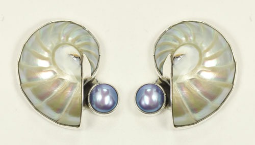 AMY KAHN RUSSELL Large Nautilus Shell Post Earrings with Blue Pearl