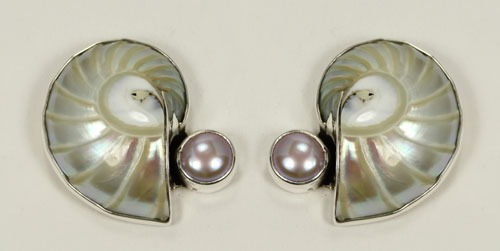 Large Nautilus Shell Post Earrings with Pale Mauve Pearl