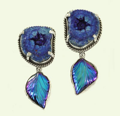 Azurite Malachite Geode Clip Earrings