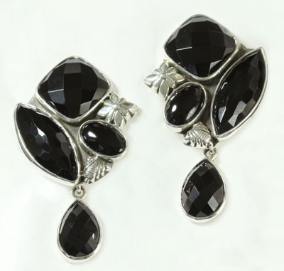Black Onyx Cluster Clip Dangle Earrings