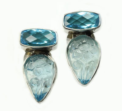 Hand Carved Blue Topaz Clip Earrings