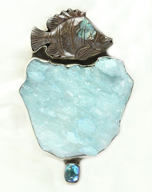 Carved Boulder Opal Fish with Aura Crystal