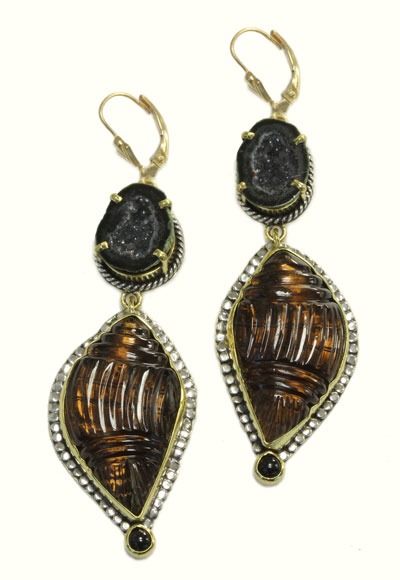 Carved Smokey Quartz Lever Back Earrings