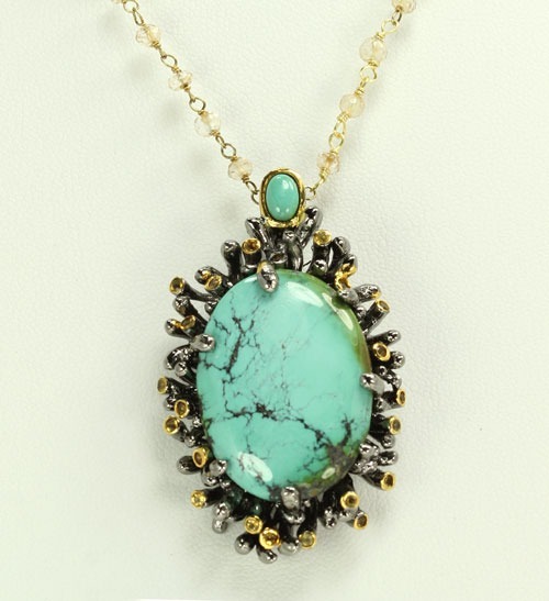 Double Turquoise Pendant Necklace in Elaborate Jeweled Setting