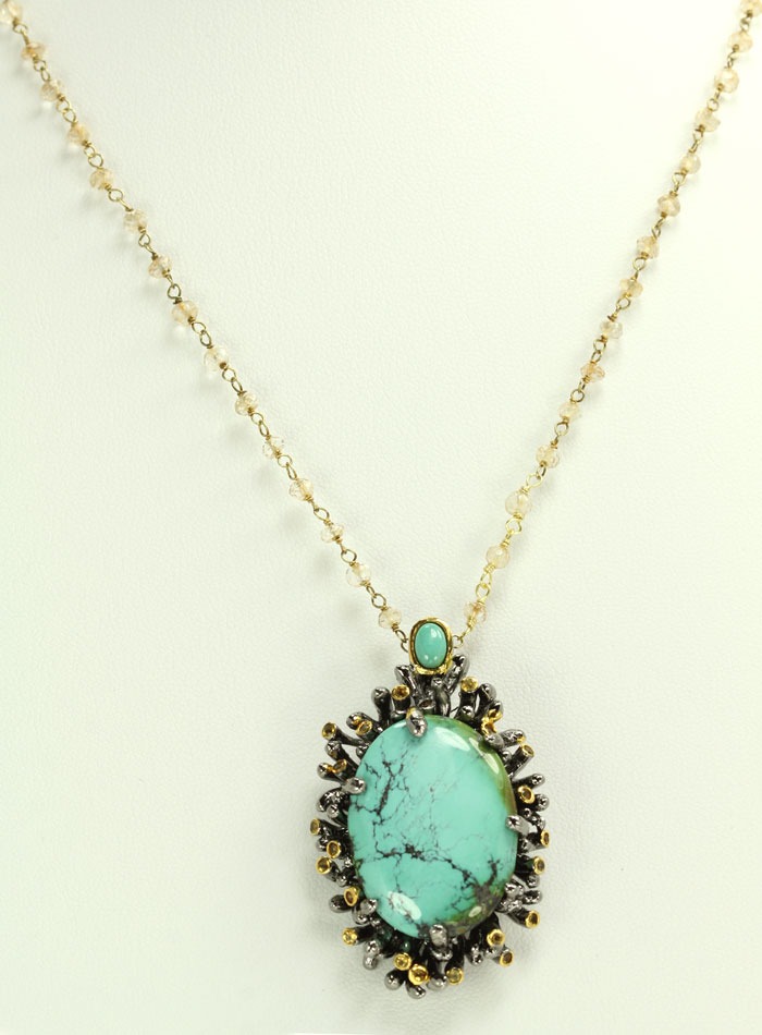 Double Turquoise Pendant Necklace in Elaborate Jeweled Setting