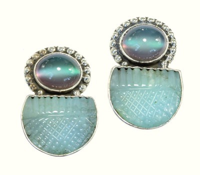 Hand Carved Blue Opal with Moonstone Clip Earrings