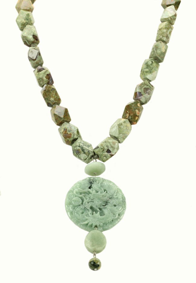 Hand Carved Jade & Rhyolite Pendant Necklace
