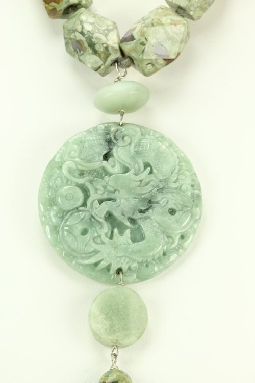 Hand Carved Jade & Rhyolite Pendant Necklace