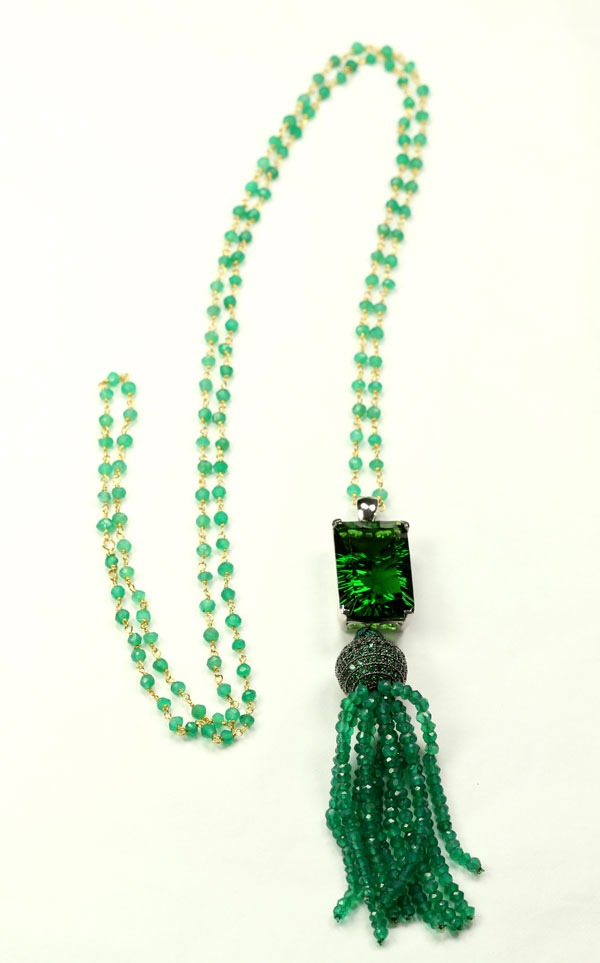 Helenite & Green Quartz Tassel Necklace