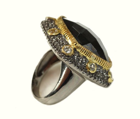 LARGE HEMATITE RING WITH WHITE TOPAZ & VERMEIL