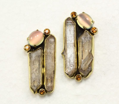 Moonstone, Aura Crystal & Citrine Post Earrings