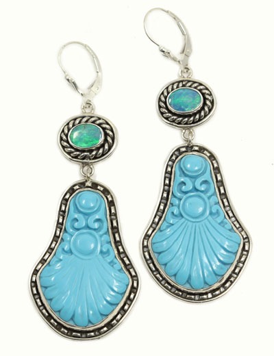 Opal & Carved Turquoise Wire Earrings