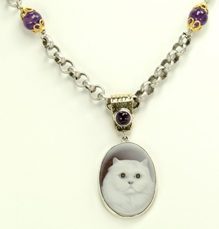 Textured Cat Portrait Necklace with Amethyst & Purple Quartz