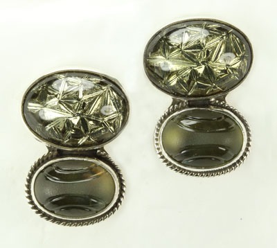 Silvery Vintage Glass & Olive Green Quartz Post Earrings