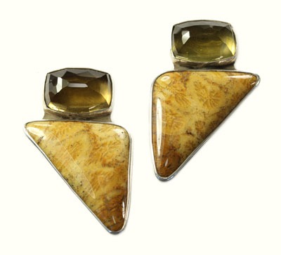 Whiskey Topaz & Fossilized Coral Clip Earrings