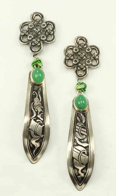 Antique Chinese Silver & Chrysoprase Post Earrings