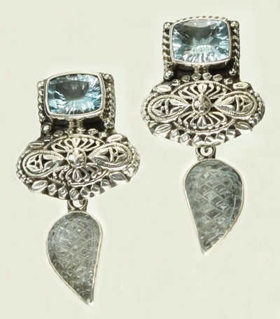 Carved Blue Topaz Clip Earrings