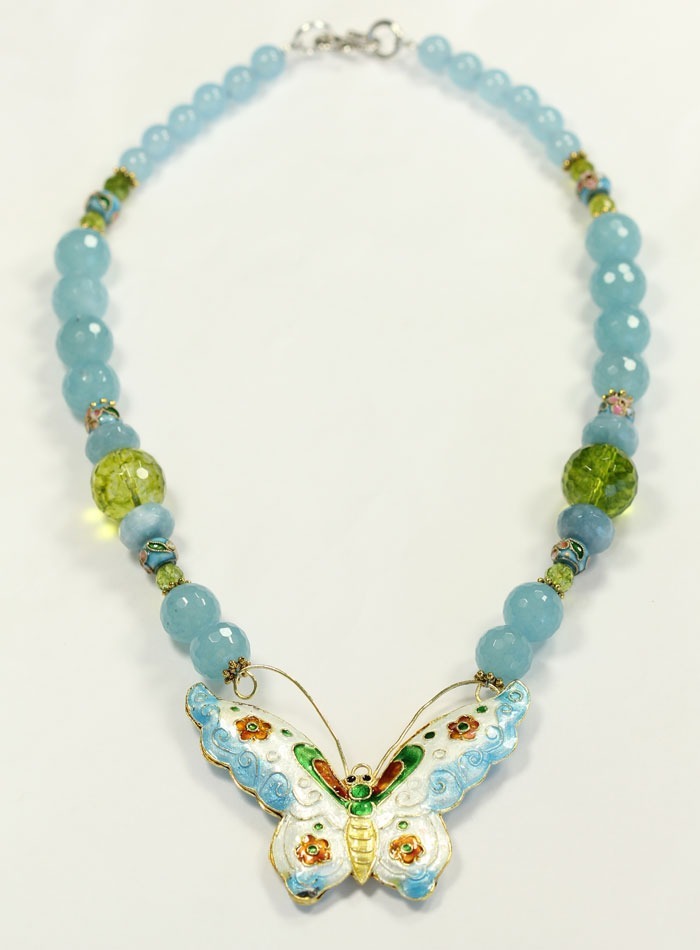 Cloisonne & Enamel Butterfly Pendant Necklace