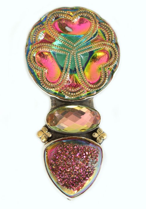 Czech Glass Button & Drusy Pin-Pendant  