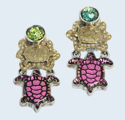 Dichroic Glass Turtle Clip Earrings