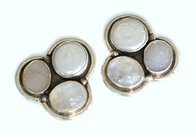 Drusy, Moonstone, & Pearl Clip Earrings