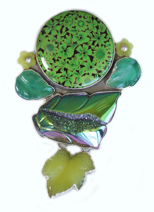 Collectible Vintage Floral Pin-Pendant with Jade, Drusy & Aventurine