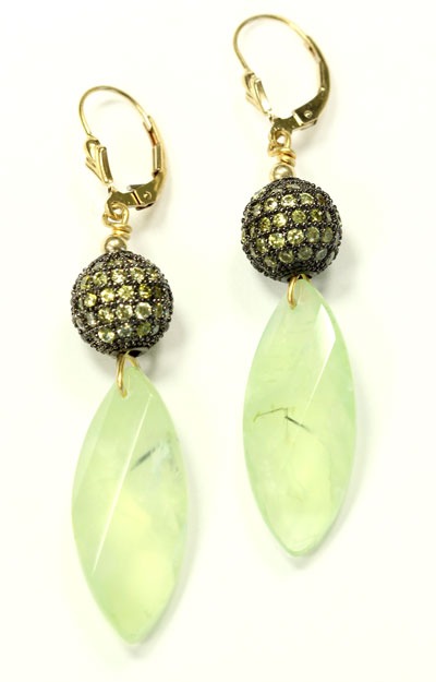 Prehnite & Cubic Zirconia Lever Back Earrings
