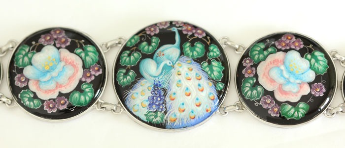 Russian Hand Painted Peacock Statement Bracelet, Adjustable