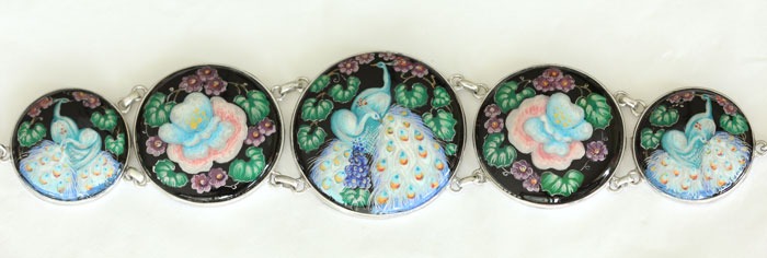 Russian Hand Painted Peacock Statement Bracelet, Adjustable