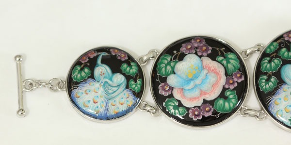 Russian Hand Painted Peacock Statement Bracelet, Adjustable