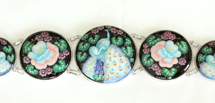 Russian Hand Painted Peacock Statement Bracelet, Adjustable