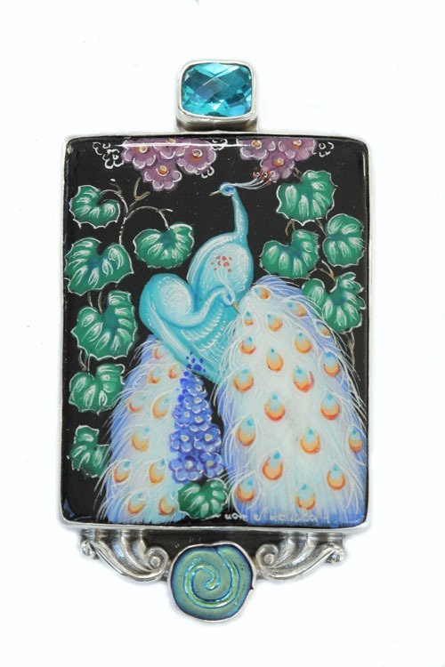 Russian Hand Painted Peacock Statement Bracelet, Adjustable