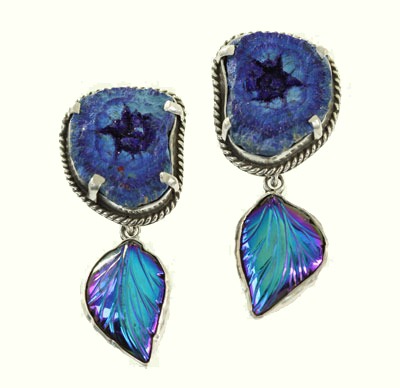 Azurite Malachite Geode Clip Earrings