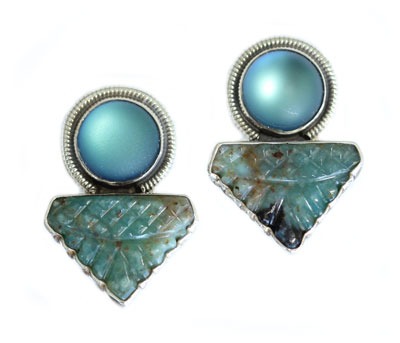 Carved Peruvian Opal Clip Earrings
