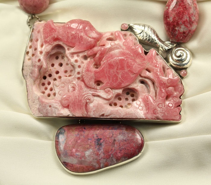 Amy Kahn Russell Asymmetrical Carved Rhodonite Fish Statement Necklace