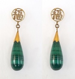 Vintage 14k Gold & Malachite Teardrop Post Earrings