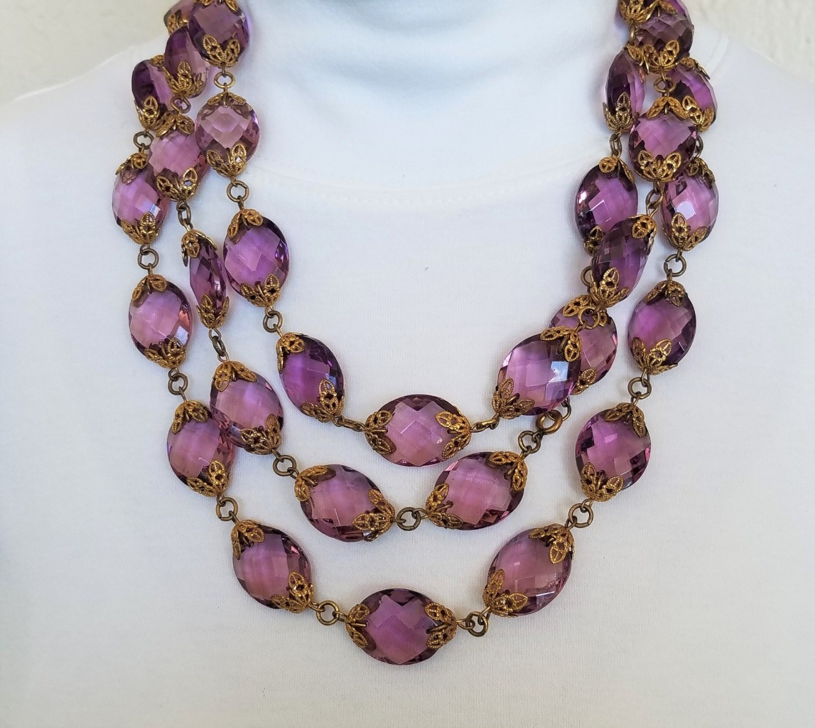 Antique 67" Faceted Lavender Glass Bead Necklace with Gold Tone Findings